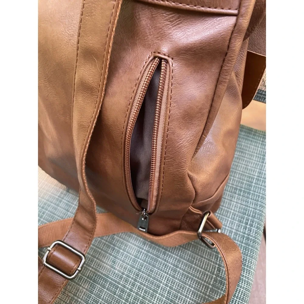 LXY Vegan Leather Backpack Brown Flap Buckle Laptop Pocket Travel Bag